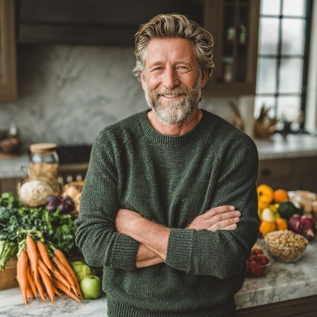 A confident man around 50 years old with graying hair and beard, wearing a casual green sweater, standing in his home kitchen with arms crossed, smiling while surrounded by fresh fruits, vegetables, and whole grains displayed on marble countertops, natural lighting from large windows