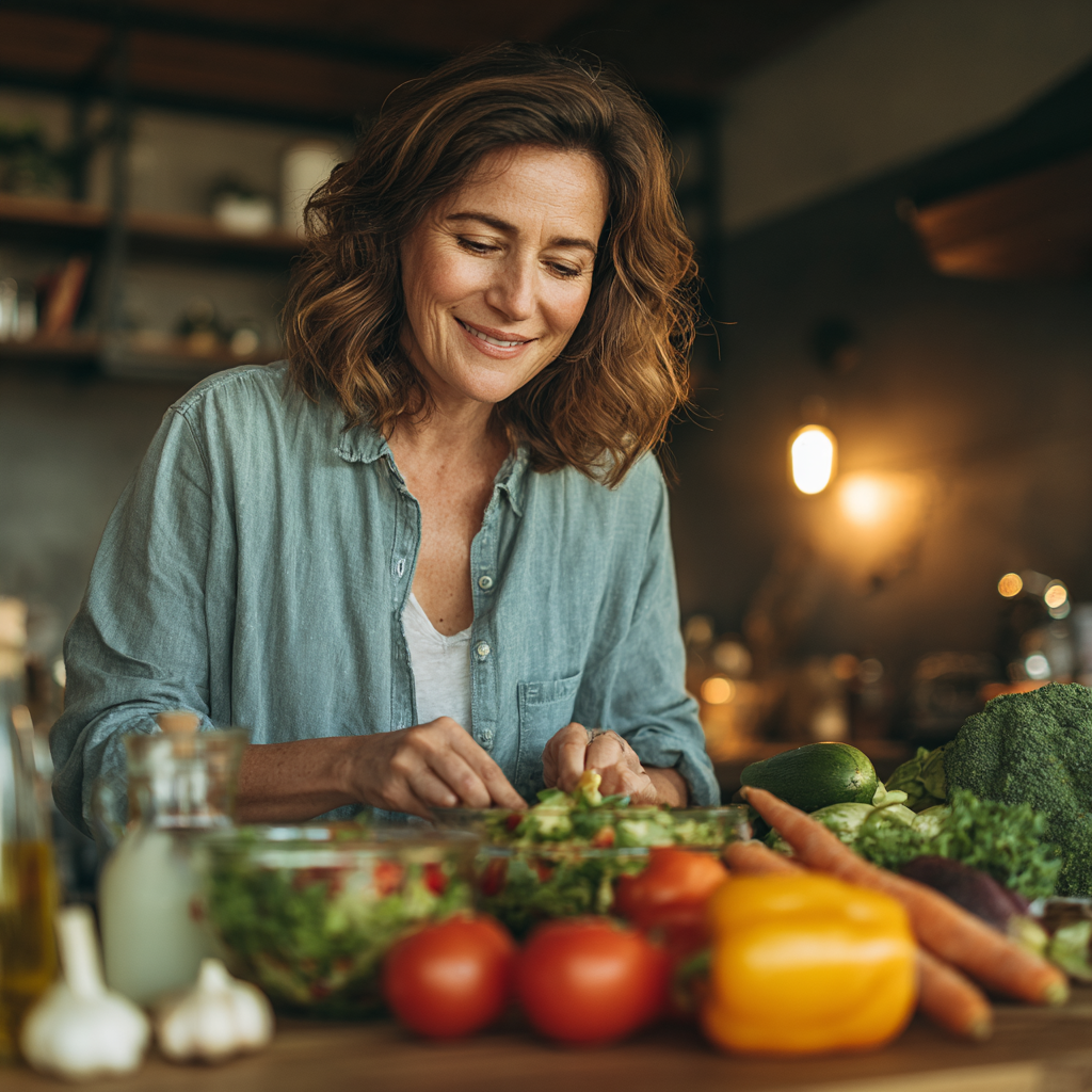 A middle-aged woman around 45 years old with shoulder-length brown hair, wearing a light blue casual shirt, smiling warmly while preparing a colorful salad in a modern kitchen with natural lighting, surrounded by fresh vegetables and healthy ingredients on a wooden countertop